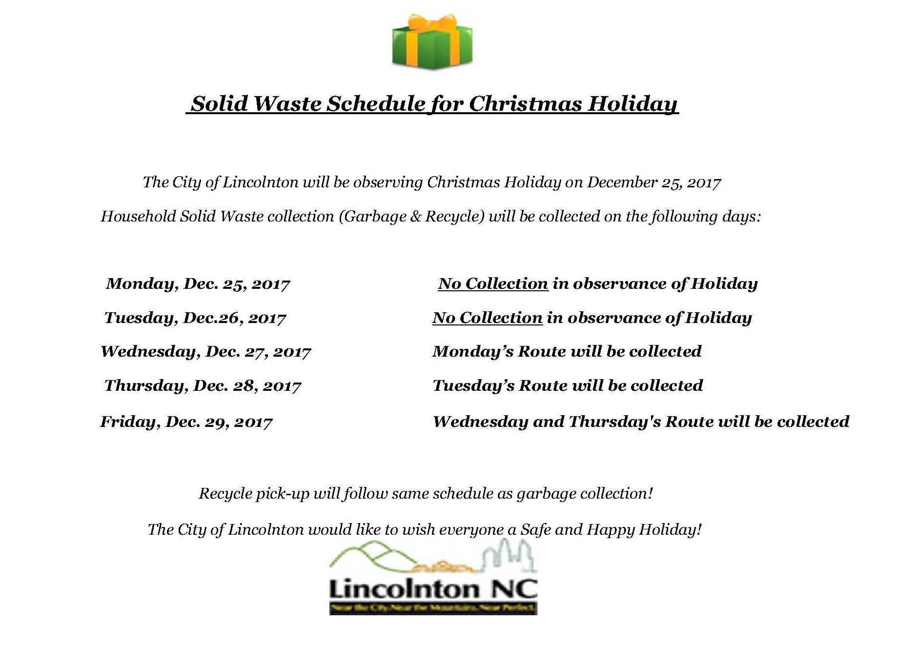Solid Waste Schedule for Christmas Holiday
